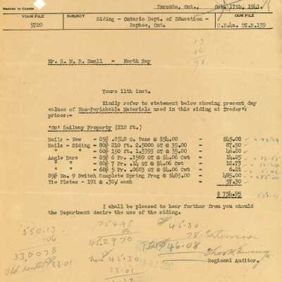 Document, CN Interdepartmental Correspondence, Siding, Ontario Department of Education, Raphoe Ontario.
