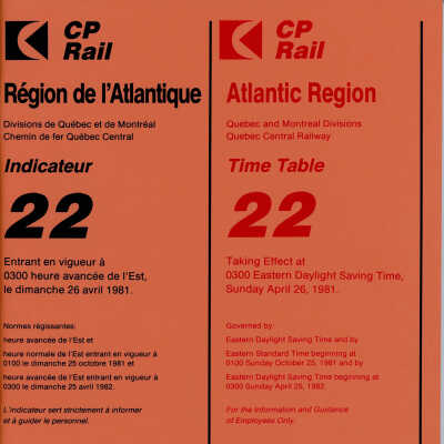 CP Rail Atlantic Region Timetable 22 for April 26, 1981, effective 0300 EDST