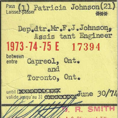 Canadian National: Passenger Ticket Pass Assigned to Patricia Johnson, Daughter of Fred Johnson