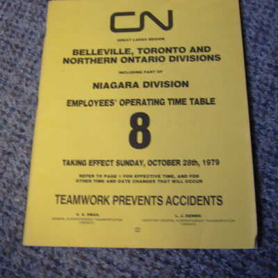 Belleville, Toronto and Northern Ontario Divisions Employees Operating Timetable 8 October 28th 1979