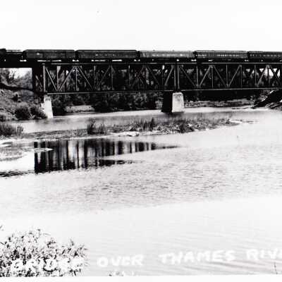 Photograph, CNR Steam Engine, Bridge over Thames River.