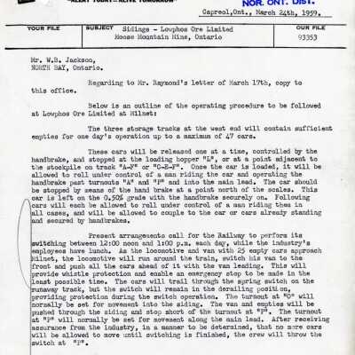 Document, CN Interdepartmental Correspondence, Sidings, Lowphos Ore Limited Moose Mountain Mine, Ontario.