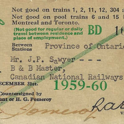 Canadian Pacific: Province of Ontario Pass, Issued to J. P. Sawyer, a Canadian National B & B Master, 1959