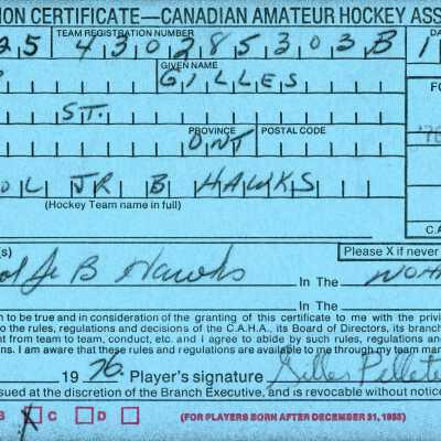 Hockey Player's Registration Certificate belonging to Gilles Pelletier
