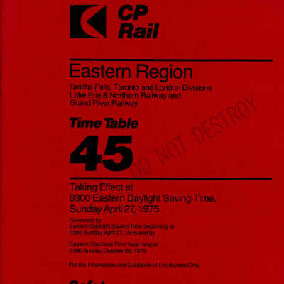 CP Rail Eastern Region Timetable 45 for April 27 1975, effective 0300 EDST