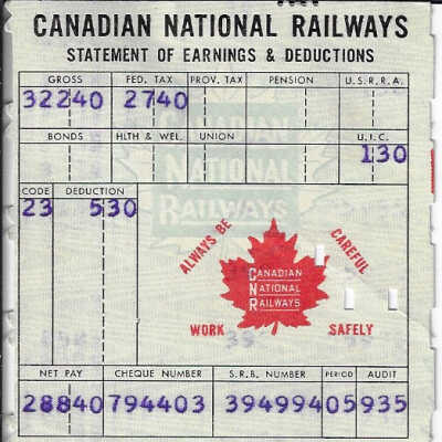 Canadian National Statement of Earnings and Deductions belonging to Frank Mazzuca