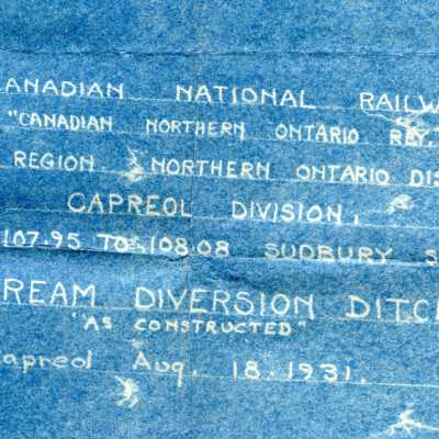 Document, Plan, Canadian National Railways, "Canadian Northern Ontario Railway", Central Region, Northern Ontario District, Capreol Division, Mile 107.95 to 108.08, Sudbury Subdivision, Stream Diversion Ditch As Constructed, Capreol, August 18th 1931.