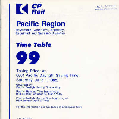 CP Rail Pacific Region Timetable 99 for June 1 1985, effective 0001 PDST