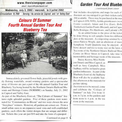 "Colours of Summer Fourth Annual Garden Tour and Blueberry Tour" in Valley Vision on 3 July 2002
