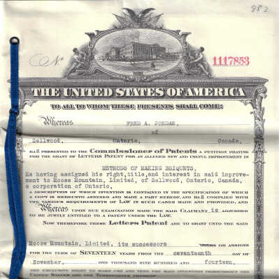 Letters Patent; No. 1117853, Fred A. Jordan to Moose Mountain Limited, Methods of Making Briquets, United States of America Patent Office, November 17th 1914