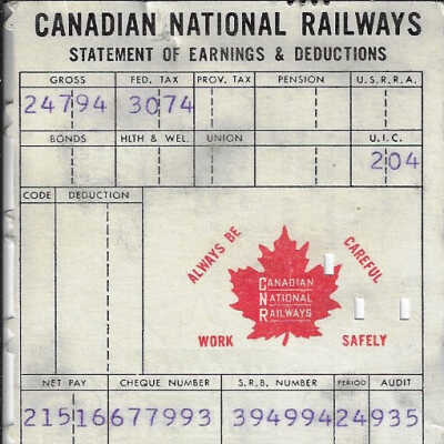 Canadian National Statement of Earnings and Deductions belonging to Frank Mazzuca
