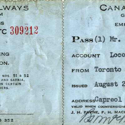 Canadian National Railways: Employee Trip Pass, Toronto to Capreol and back, R. N. McKinnon,1956