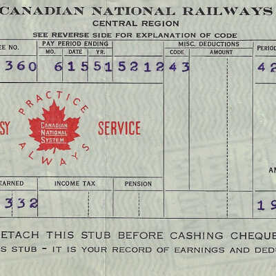 Canadian National Statement of Earnings and Deductions belonging to Frank Mazzuca