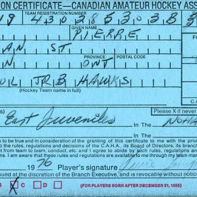Hockey Player's Registration Certificate Belonging to Pierre Lavigne