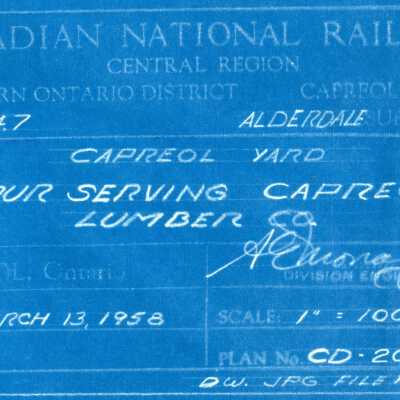 Document, Plan, Canadian National Railways, Central Region, Northern Ontario District, Capreol Division, Mile 144.7, Alderdale Subdivision, Capreol Yard Spur Serving Capreol Lumber Company, March 13th 1958.