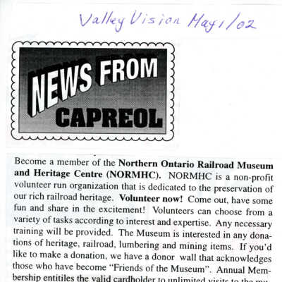 "News from Capreol" in The Valley Vision, 1 May 2002