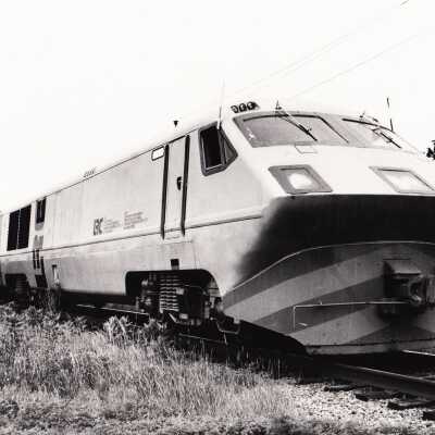 Photograph, Pre-Production LRC locomotive and coach photographed during running tests, Montreal, Quebec.