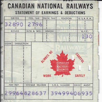 Canadian National Statement of Earnings and Deductions belonging to Frank Mazzuca