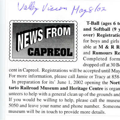 "News from Capreol" in The Valley Vision, 8 May 2002