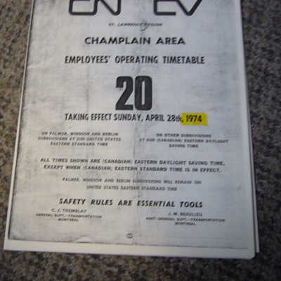 Champlain Area Employees operating timetable April 28th 1974