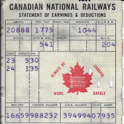 Canadian National Statement of Earnings and Deductions belonging to Frank Mazzuca