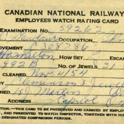 Canadian National: Employee Watch Rating Card, J. C. Gaudaur, 1954
