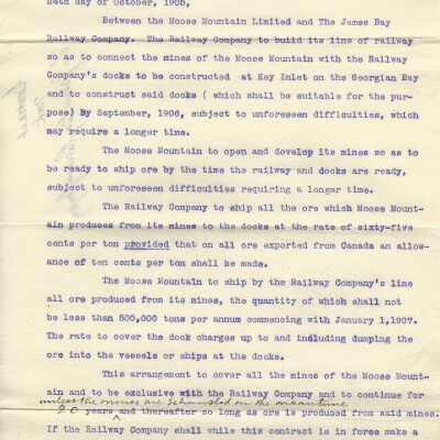 Memorandum of Agreement between Moose Mountain, Limited and James Bay Railway Company. Arrived in New York on 24th October 1905.
