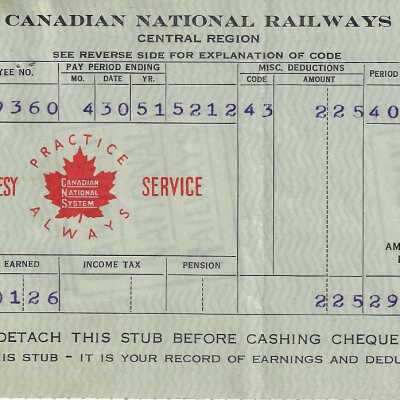 Canadian National Statement of Earnings and Deductions belonging to Frank Mazzuca
