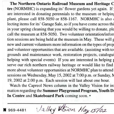 "News from Capreol" in The Valley Vision, 15 May 2002