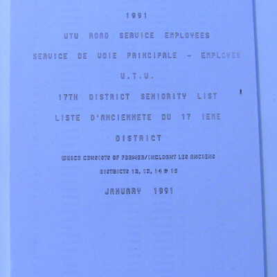 Canadian National Railway, UTU Road Service Employees, 17th District Seniority List 1991