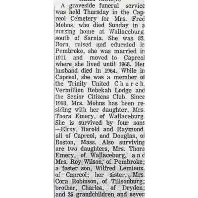 Document, Obituary, Ella Mohns.