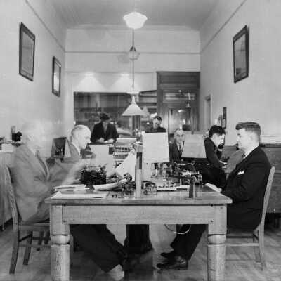 Photograph, Canadian National Telegraph Office, Bill Davies, W.W. Wrathall Mr. Schubert.