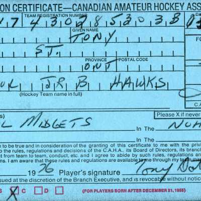 Hockey Player Registration Certificate Belonging to Tony Dotto
