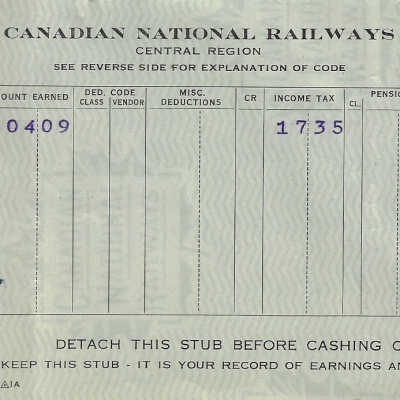 Canadian National Statement of Earnings and Deductions belonging to Frank Mazzuca