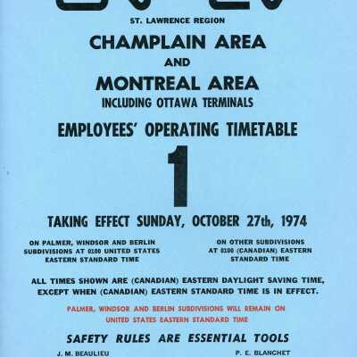 Employee Timetable, CN-CV, St. Lawrence Region, Champlain Area, Montreal Area, Ottawa Terminals, Timetable 1, October 27th 1974
