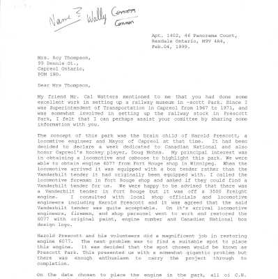 Letter to Mrs. Roy Thompson regarding engine 6077
Letter From Wally Conman