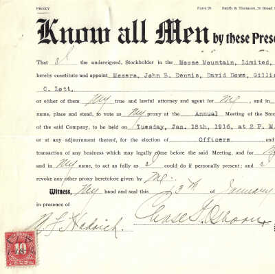 Proxy Form, for Annual Meeting of the Stockholders, Moose Mountain Limited, 1916. Shareholder Chase S. Osborn, Witness N.F. Hadrich. Form 99 Smith & Thomson, 58 Broad Street N.Y.
