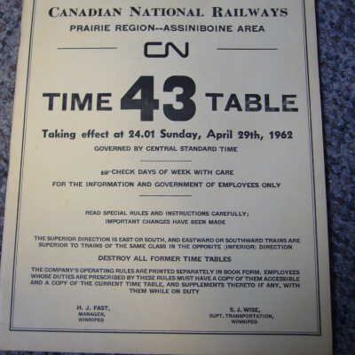 Prairie Region Assiniboine Area Employees operating timetable 43 April 29th 1962