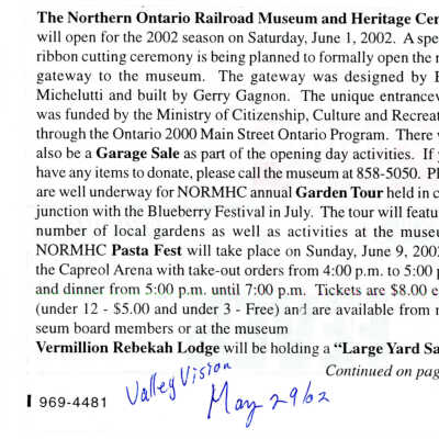 "News from Capreol" in The Valley Vision, 29 May 2002