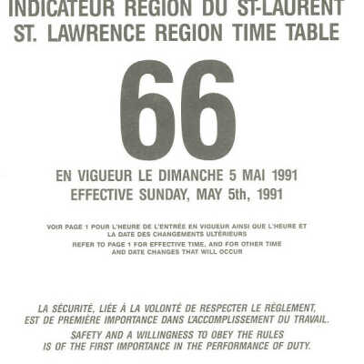 Employee Timetable, CN Rail, St. Lawrence Region 66, May 5th 1991.