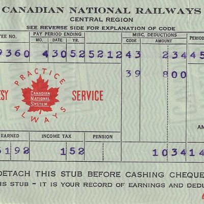 Canadian National Statement of Earnings and Deductions belonging to Frank Mazzuca