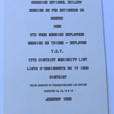 Canadian National Railway, UTU Yard Service Employees, 17th District Seniority List 1990