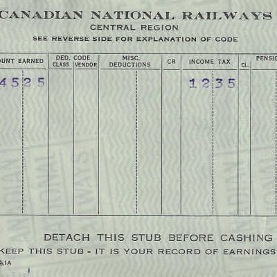 Canadian National Statement of Earnings and Deductions belonging to Frank Mazzuca