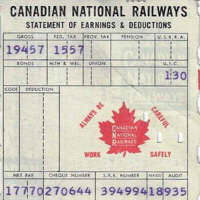Canadian National Statement of Earnings and Deductions Belonging to Frank Mazzuca