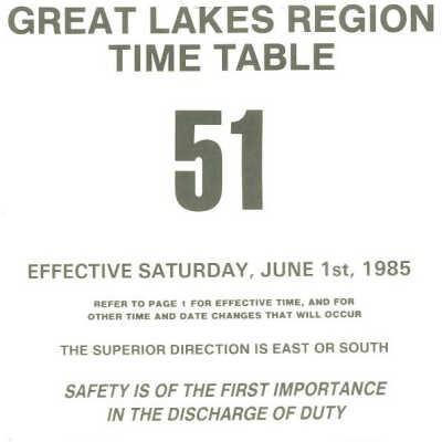 Employee Timetable, CN Rail, 51, June 1st 1985, Great Lakes Region.