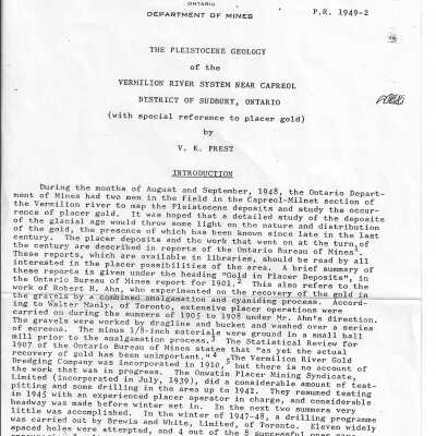 Ontario Department of Mines: The Pleistocene Geology of the Vermillion River System Near Capreol District of Sudbury, Ontario (with special reference to placer gold)
