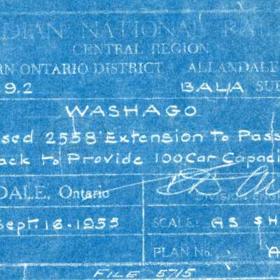 Document, Plan, Canadian National Railways, Central Region, Northern Ontario District, Allandale Division, Mile 89.2, Bala Subdivision, Washago Proposed 2558' Extension to Passing Track to provide 100 Car Capacity, Allandale, Ontario, September 16th, 1953.