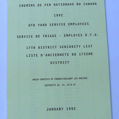 Canadian National Railway, UTU Yard Service Employees, 17th District Seniority List 1992
