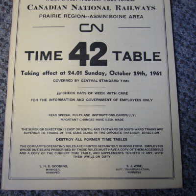 Prairie Region Assiniboine Employees Operating Timetable 42 October 29th 1961