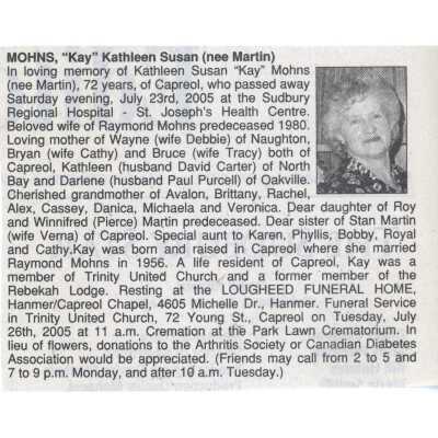Document, Obituary, "Kay" Kathleen Susan (nee Martin) Mohns.